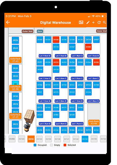 Tablet screen showing Movegistics Digital Warehouse app with a color-coded map of storage units, indicating occupied, empty, and selected spaces.